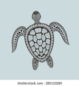 Zentangle stylized turtle. Hand Drawn aquatic doodle vector illustration. Sketch for tattoo or makhenda. Animal sea collection. Ocean life.