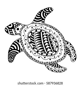 Zentangle stylized turtle. Hand drawn black white vector. Illustration for tattoo, adult coloring page, decoration, poster, print.