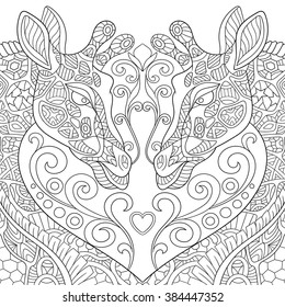 Zentangle stylized two cartoon lovely giraffes with a heart. Sketch for adult antistress coloring page. Hand drawn doodle, zentangle, floral design elements for coloring book.