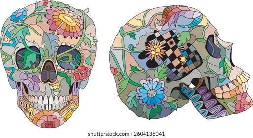 Zentangle stylized two skulls side view and front view. Hand drawn decorative vector illustration