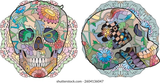 Zentangle stylized two skulls side view and front view on mandala. Hand drawn decorative vector illustration