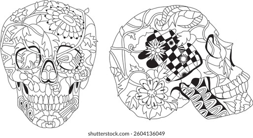Zentangle stylized two skulls side view and front view. Hand drawn decorative vector illustration for coloring