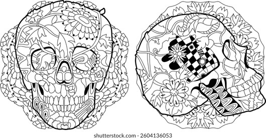 Zentangle stylized two skulls side view and front view on mandala for coloring. Hand drawn decorative vector illustration