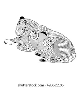 zentangle stylized vector lioness. Antistress coloring page.