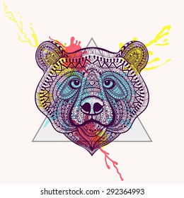 Zentangle stylized violet Bear face in triangle frame with watercolor ink drop. Hand Drawn doodle vector illustration. Sketch for tattoo, postcard, t-shirt, fabric bag, poster.  Animal collection. 