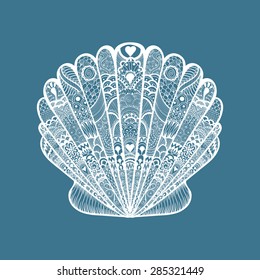 Zentangle stylized white sea shell. Hand Drawn  doodle vector illustration isolated on blue background. Sketch for tattoo or makhenda. Seashell collection. Ocean life.