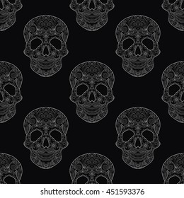 Zentangle stylized white Skull for Halloween, seamless pattern with artistically doodle elements. Ethnic ornamental vector illustration for tattoo, t-shirt or prints, adult coloring book, scrapbooking