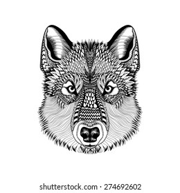 Zentangle stylized Wolf face. Hand Drawn Guata doodle vector illustration. High detailed Sketch for tattoo or makhenda. Animal collection. T-shirt print.