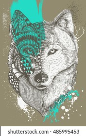 Zentangle stylized wolf with paint splatters, Hand drawn illustration