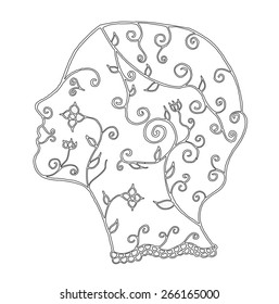 Zentangle stylized woman face, flower, leafs, vector illustration, artistically drawn, freehand
