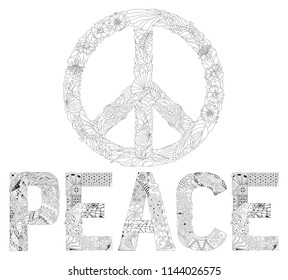 Zentangle stylized word PEACE sign of peace for coloring. Hand Drawn lace vector illustration