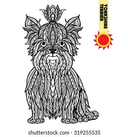 Zentangle stylized yorkshire terrirer. Hand Drawn Dog doodle vector illustration. Sketch for tattoo or makhenda. Coloring page. Animal collection. Zentangle style
