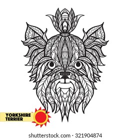 Zentangle stylized yorkshire terrirer head. Hand Drawn Dog doodle vector illustration. Sketch for tattoo or makhenda. Coloring page. Animal collection.