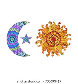 Zentangle sun, new moon and star  symbols. Colorful ethnic pattern. Vector illustration isolated on white background.