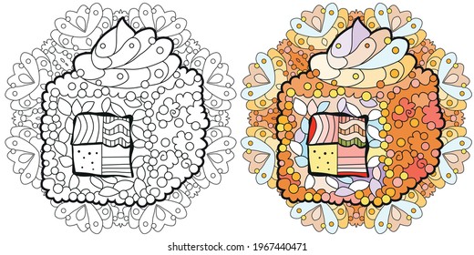 Zentangle Sushi with mandala. Hand drawn decorative vector illustration for coloring. Color and outline set