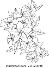 Zentangle tattoo design, decorative doodle art, ornamental flower line art henna drawing tattoos. flower arrangement black tattoo with frangipani, modern flower coloring pages for adults