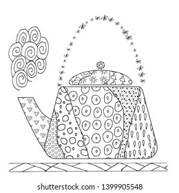 Zentangle teapot for adult antistress coloring book on white background. Zen art vector illustration.