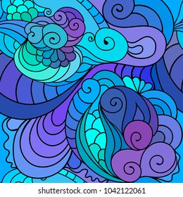 Zentangle textile pattern with waves and curles. Colorful hippie style seamless texture with wavy curly ocean and mermaids style ornament.