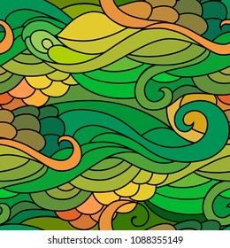 Zentangle textile pattern with waves and curles. Colorful hippie style seamless texture with wavy curly ocean and mermaids style ornament.