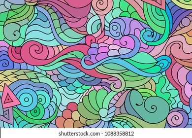 Zentangle textile pattern with waves and curles. Colorful hippie style seamless texture with wavy curly ocean and mermaids style ornament.