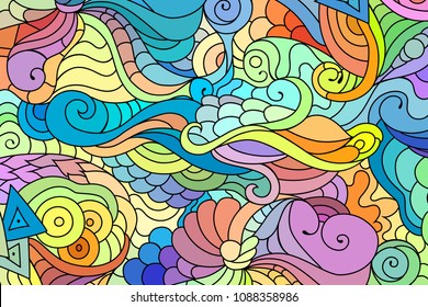 Zentangle textile pattern with waves and curles. Colorful hippie style seamless texture with wavy curly ocean and mermaids style ornament.