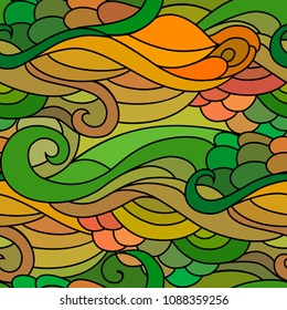 Zentangle textile pattern with waves and curles. Colorful hippie style seamless texture with wavy curly ocean and mermaids style ornament.