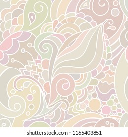 Zentangle textile pattern with waves and curles. Colorful hippie style seamless texture with wavy curly ocean and mermaids style ornament.