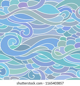 Zentangle textile pattern with waves and curles. Colorful hippie style seamless texture with wavy curly ocean and mermaids style ornament.