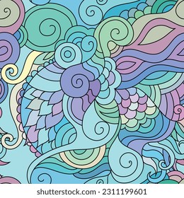 Zentangle Textil-Muster mit Wellen und Curles. Farbige Hippie-Stil nahtlose Textur mit gewelltem Ozean und Mermaids-Stil Ornament.