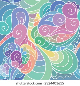 Zentangle textile pattern with waves and curles. Colorful hippie style seamless texture with wavy curly ocean and mermaids style ornament.