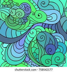 Zentangle textile pattern with waves and curles. Colorful hippie style  Indian, East Asian or African seamless background.