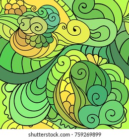 Zentangle textile pattern with waves and curles. Colorful hippie style  Indian, East Asian or African seamless background.