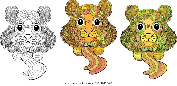 Cabeza de tigre de Zentángulo. Ilustración de vector decorativa dibujada a mano. Conjunto de colores y contornos.