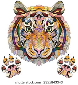 Zentangle tiger head with paws. Hand drawn decorative vector illustration