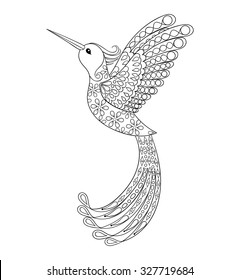 Zentangle tribal Hummingbird, flying bird totem for adult anti stress Coloring Page, tattoos with high details isolated on background, hand drawn illustration. Vector monochrome sketch of exotic bird.