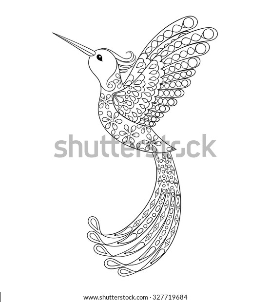 成人向けの抗ストレスカラーリングページ用の飛ぶ鳥のトテム 背景にタトゥーと詳細 手描きのイラスト エキゾチックな鳥のベクター画像モノクロスケッチ のベクター画像素材 ロイヤリティフリー