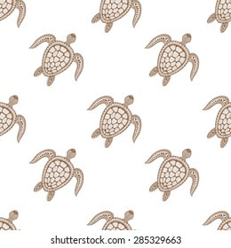 Zentangle tribal stylized turtle seamless pattern. Hand Drawn aquatic doodle vector illustration. Sketch for tattoo or makhenda. Animal sea collection. Ocean life.