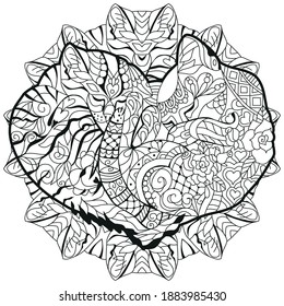 Zentangle two cats sleeping in shape of heart. For coloring, t-shirt design, print on other things
