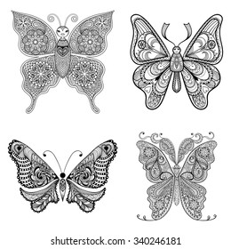 Zentangle vector black Butterflies set  for adult anti stress coloring pages in doodle style. Ornamental tribal patterned illustration for tattoos, posters or prints decoration. Hand drawn sketch. 
