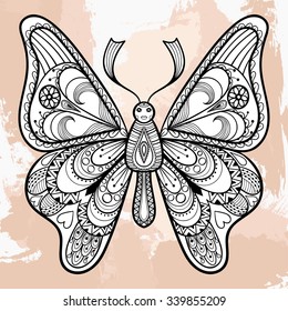 Zentangle vector black Butterfly, tattoo mandala design. Patterned illustration for adult anti stress coloring pages. Hand drawn black sketch isolated on grunge background. Insect collection.