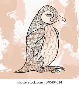 Zentangle vector black King Penguin, tattoo design. Ornamental tribal patterned illustration for adult anti stress coloring pages. Hand drawn black sketch isolated on grunge background.
