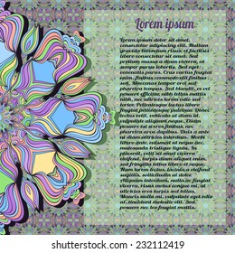 Zentangle vector doodle frame.Invitation card on patterned background with mandala ornament. Template frame design for card. 