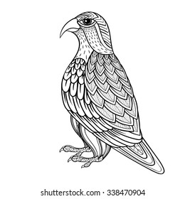 Zentangle vector Falcon, bird hawk of prey, predatory for adult anti stress coloring pages. Ornamental tribal illustration for tattoo, poster or print. Hand drawn monochrome sketch. Bird collection.