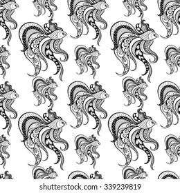 Zentangle vector Fishes in doodle style. Ornamental tribal patterned illustration for adult anti stress coloring pages. Hand drawn seamless pattern. Sea animal collection.