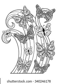 Zentangle vector flying Butterflies for adult anti stress coloring pages in doodle style. Ornamental patterned illustration for tattoos, posters or prints decoration. Hand drawn sketch.  A4 size.