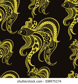 Zentangle vector Gold Fish for tattoo in boho, hipster style. Ornamental tribal patterned illustration for adult anti stress coloring pages. Hand drawn seamless pattern. Sea animal collection.