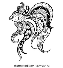 Zentangle vector Gold Fish for tattoo in boho, hipster style. Ornamental tribal patterned illustration for adult anti stress coloring pages. Hand drawn isolated black sketch. Sea animal collection.