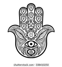 Zentangle vector Hamsa Hand for adult anti stress coloring pages in doodle style. Ornamental tribal patterned illustration for tattoo, poster or print. Hand drawn monochrome sketch. Boho collection.