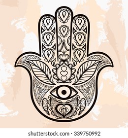 Zentangle vector Hamsa Hand, tattoo in boho style, religion symbol. Ornamental tribal  illustration for adult anti stress coloring pages. Hand drawn black sketch isolated on grunge background.