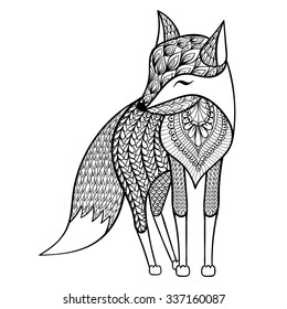 Zentangle vector happy Fox for adult anti stress coloring pages. Ornamental tribal patterned illustration for tattoo, poster, print. Hand drawn  sketch isolated on white background. Animal collection. svg